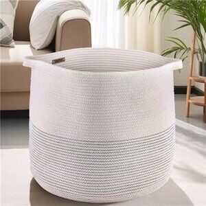Cotton Rope Woven Storage Basket - 18” x 16” Tall Decorative Cotton Rope Basket